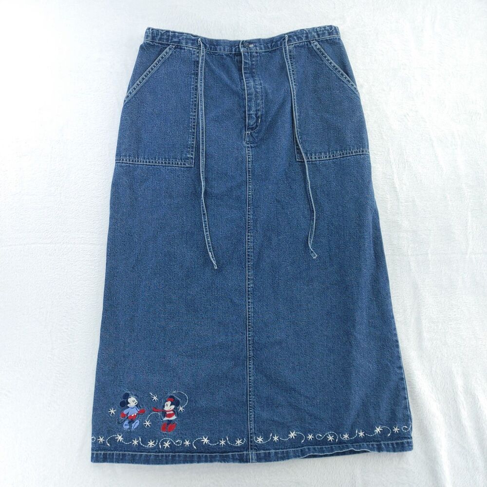 Disney Store Mickey & Minnie Mouse Embroidered Denim Skirt Long Size L